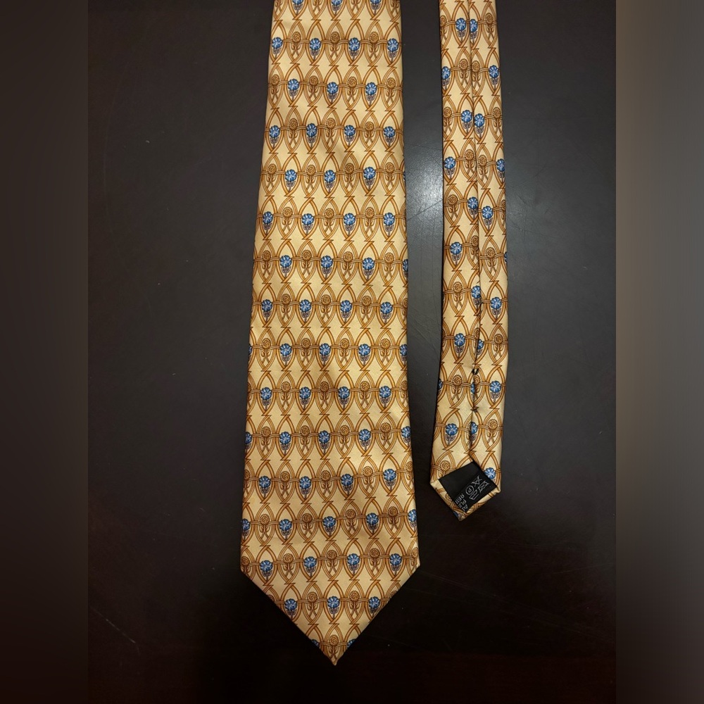 LANVIN PARIS Blue Royal Blue & Gold Flowers Men's 100% Silk Tie Made In FRANCE